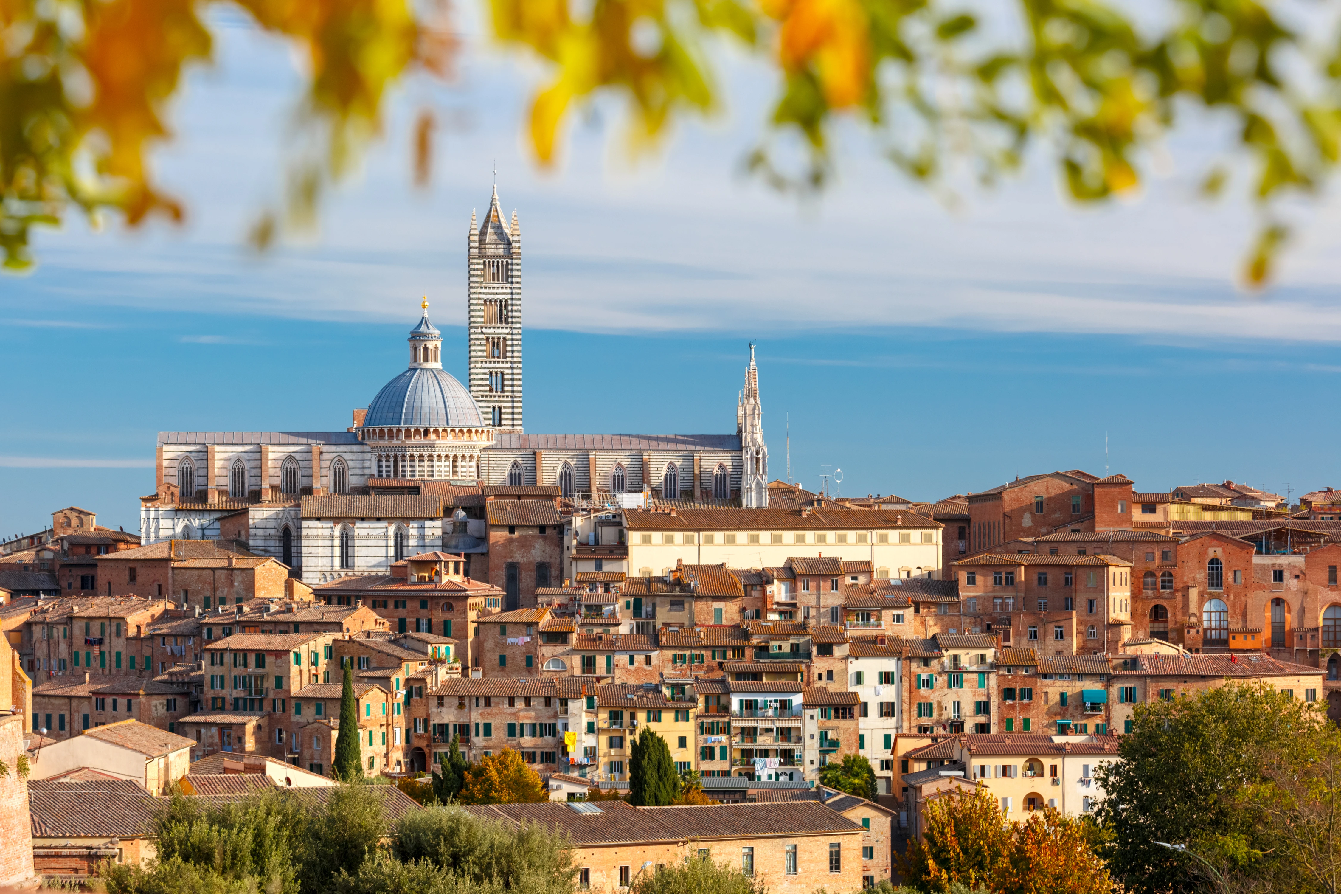 Beautiful cityscape of Siena, Italy, highlighting its stunning architecture and vibrant atmosphere against a sunny backdrop.